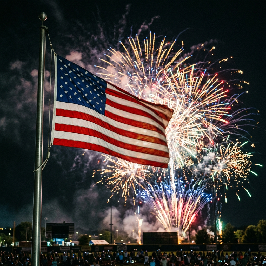 American flag on a pole with multicolored fireworks exploding in the night sky