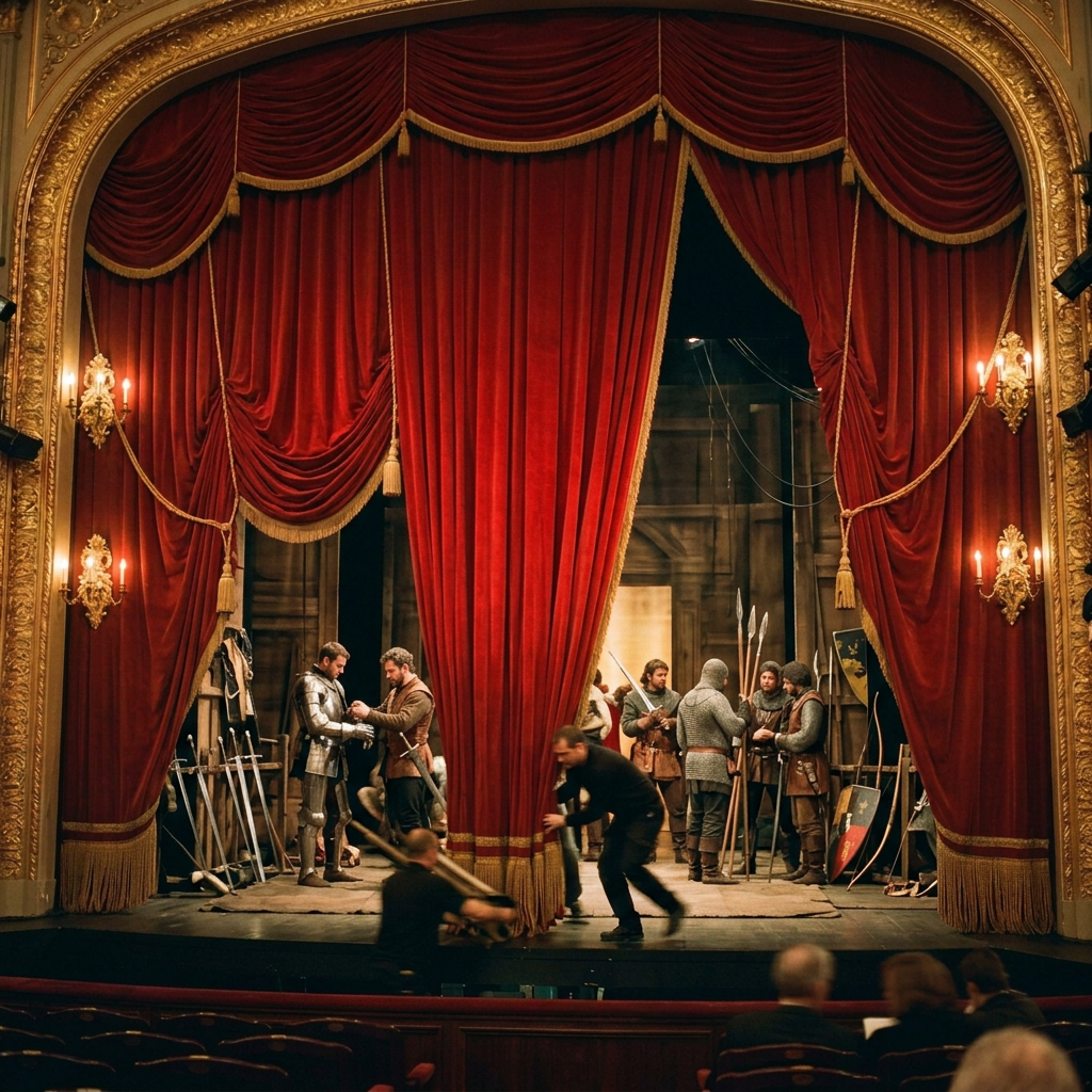 Theater stage with closed red velvet curtains and gold tassels