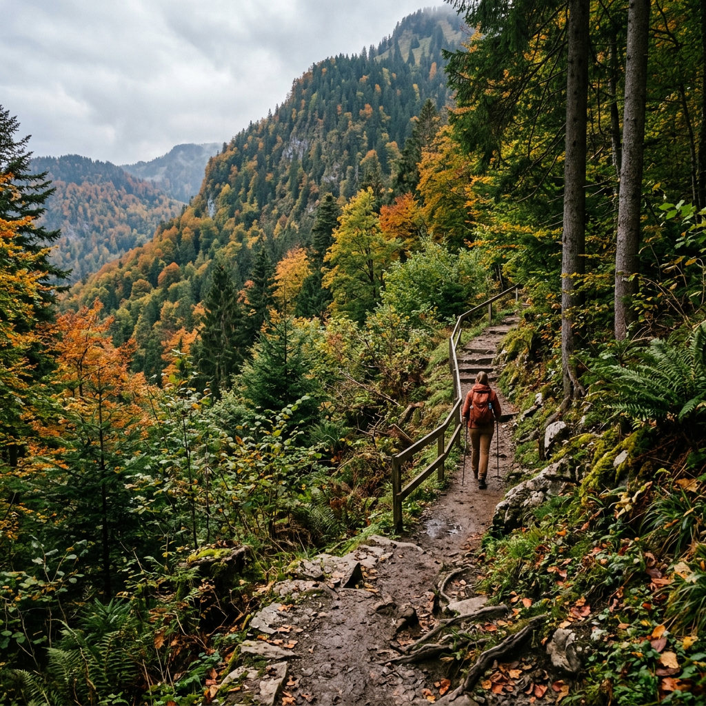 Hiker walking along a forested mountain trail in autumn