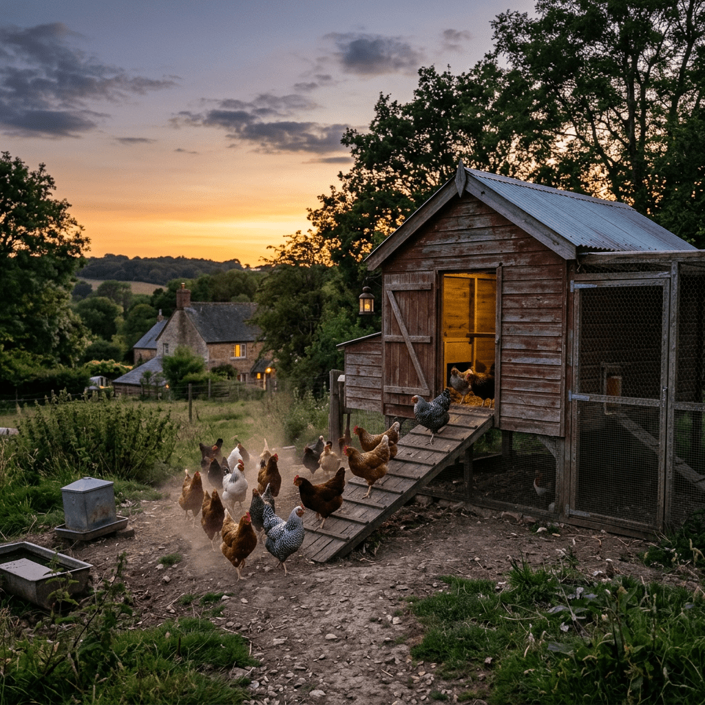 Chickens leaving a wooden coop at sunset in a rural landscape