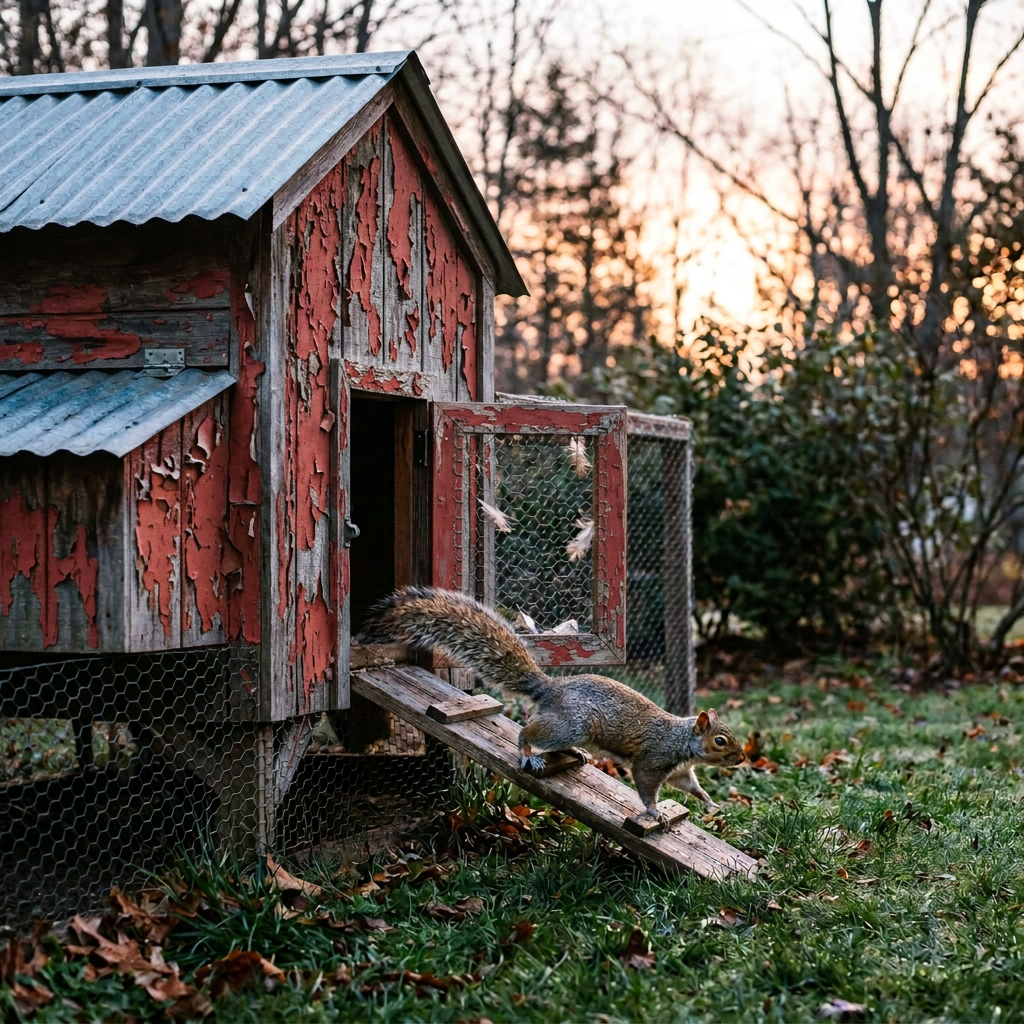 Squirrel leaving a rustic wooden shelter via a ramp