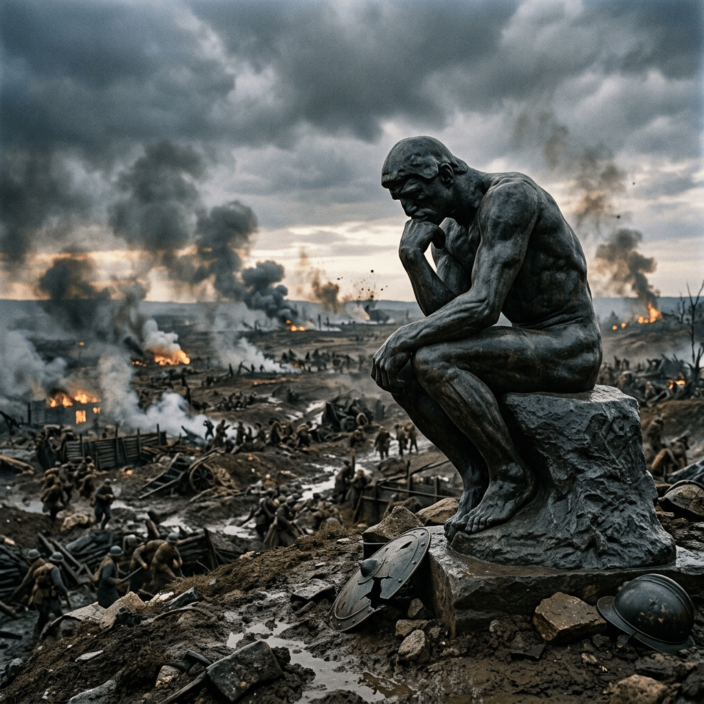 Contemplative statue overlooking a burning battlefield under storm clouds