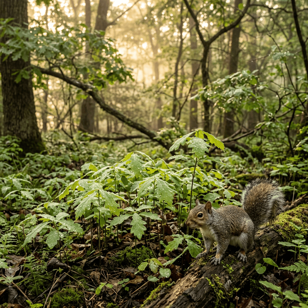 Squirrel standing on a moss-covered log in a sunlit forest