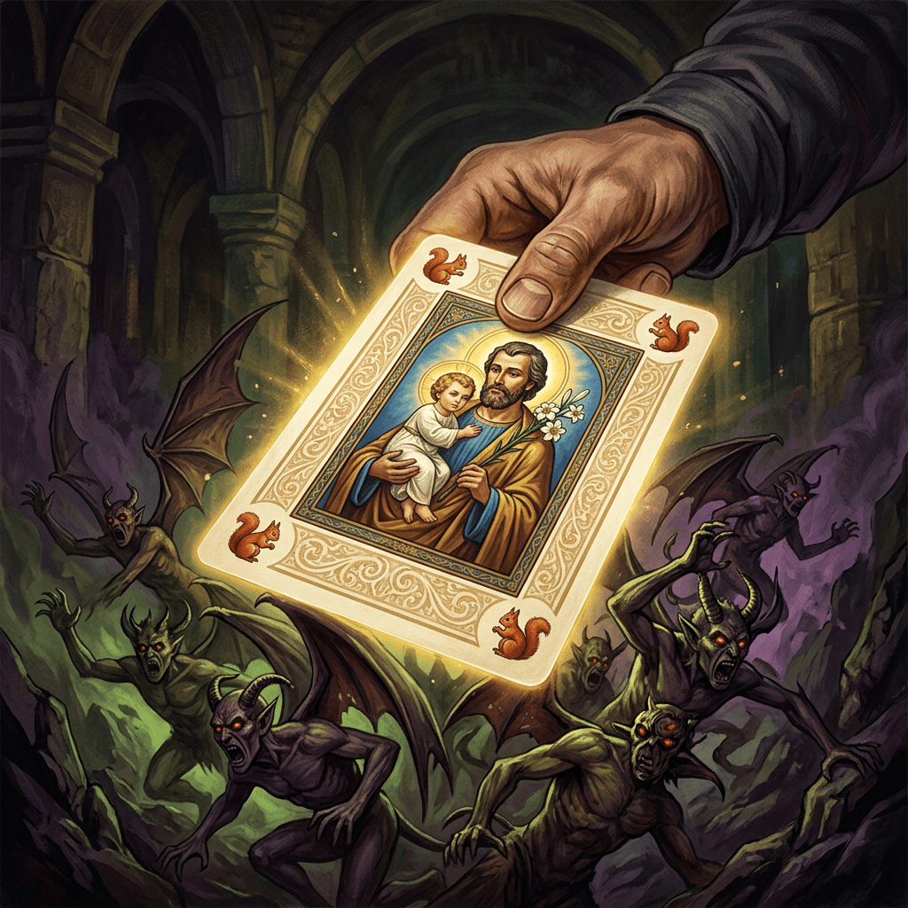 Glowing holy card depicting Saint Joseph holding Jesus among winged demons