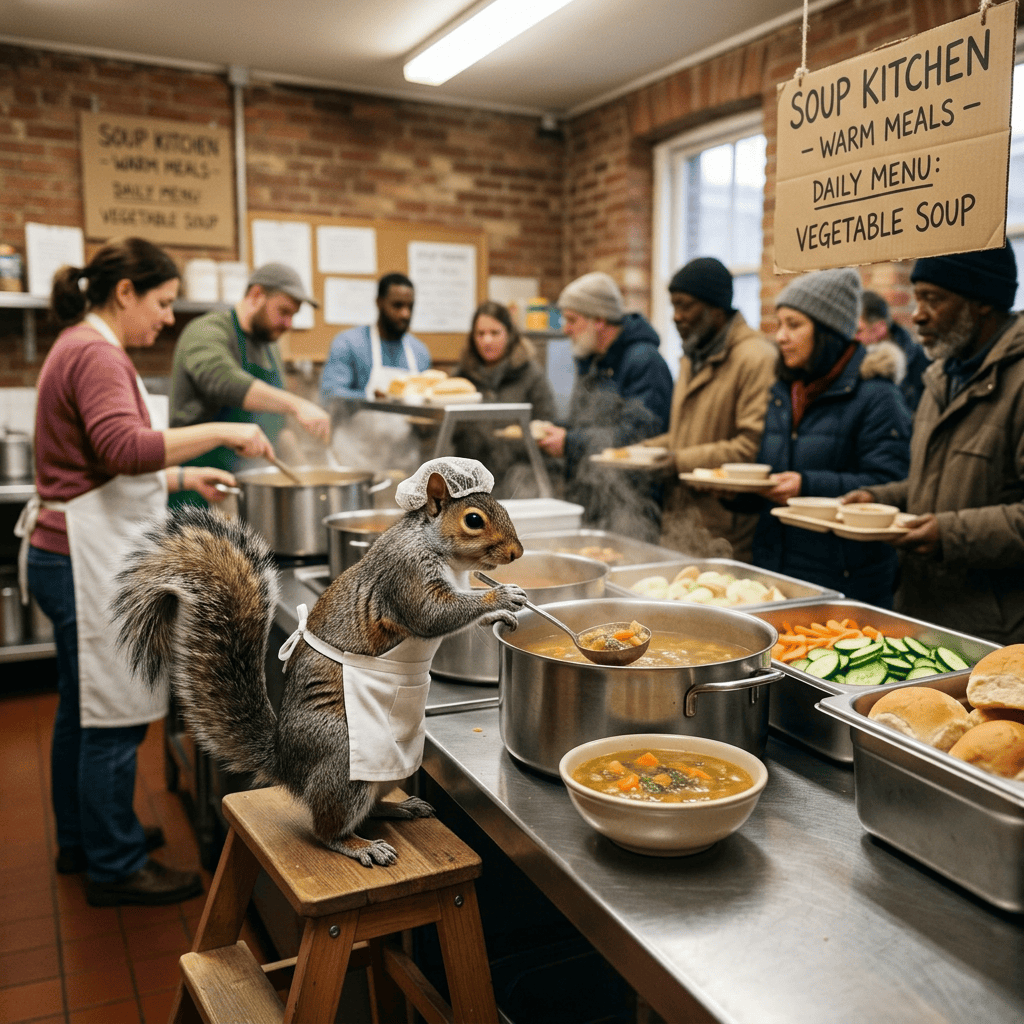 Squirrel in apron serving soup at a community kitchen