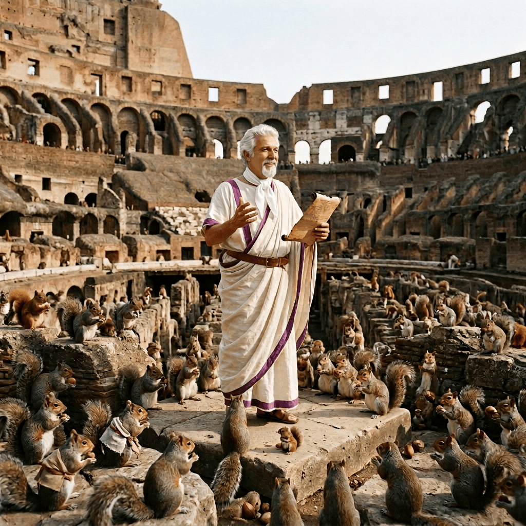 Man in Roman-style robe holding a scroll among squirrels in the Colosseum