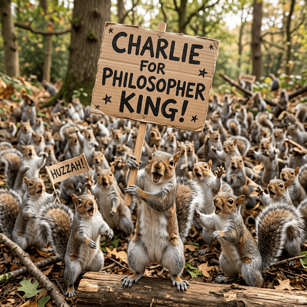 Squirrels hold signs reading “CHARLIE FOR PHILOSOPHER KING!” and “HUZZAH!”
