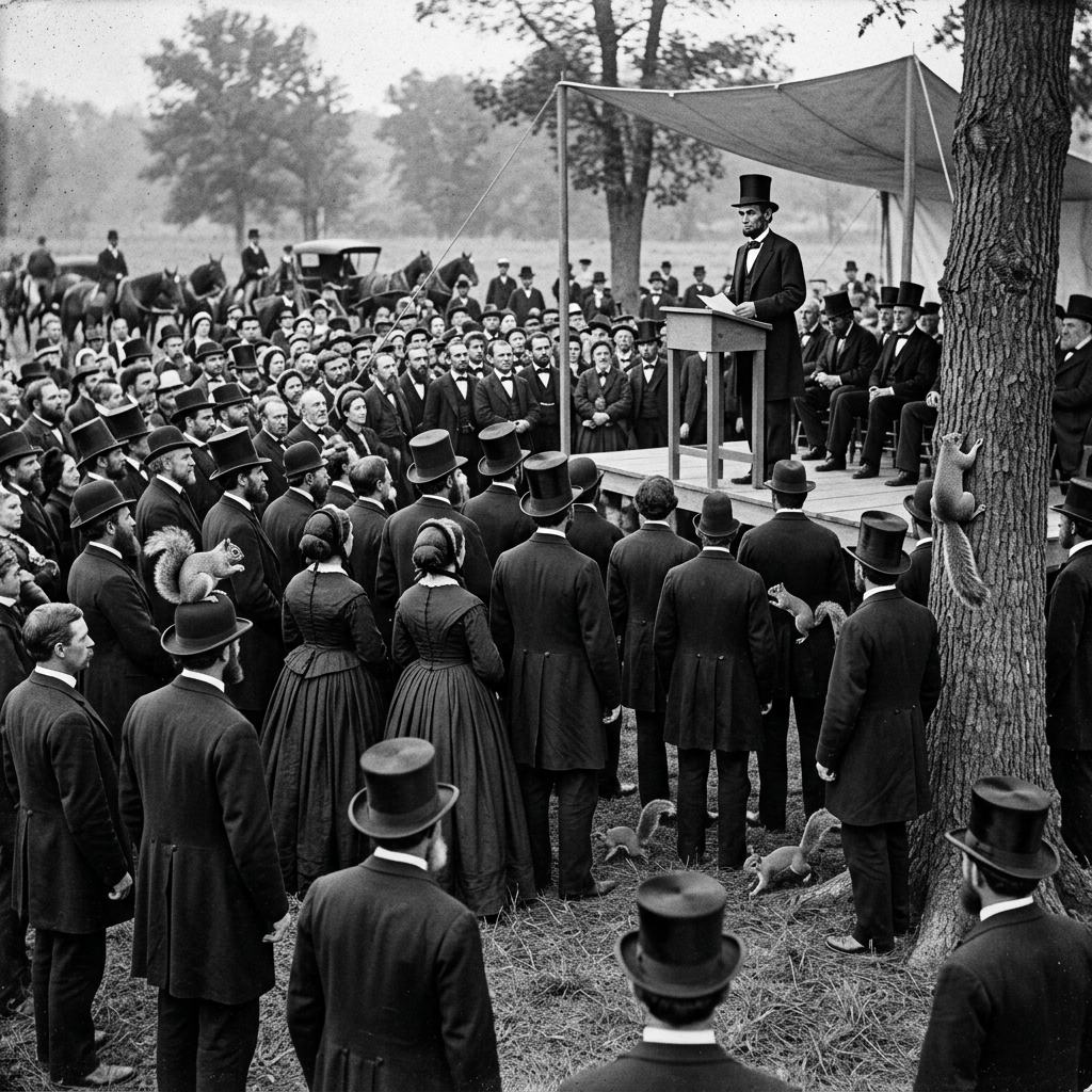 Top-hatted speaker addressing a Victorian-era crowd outdoors beneath a canopy