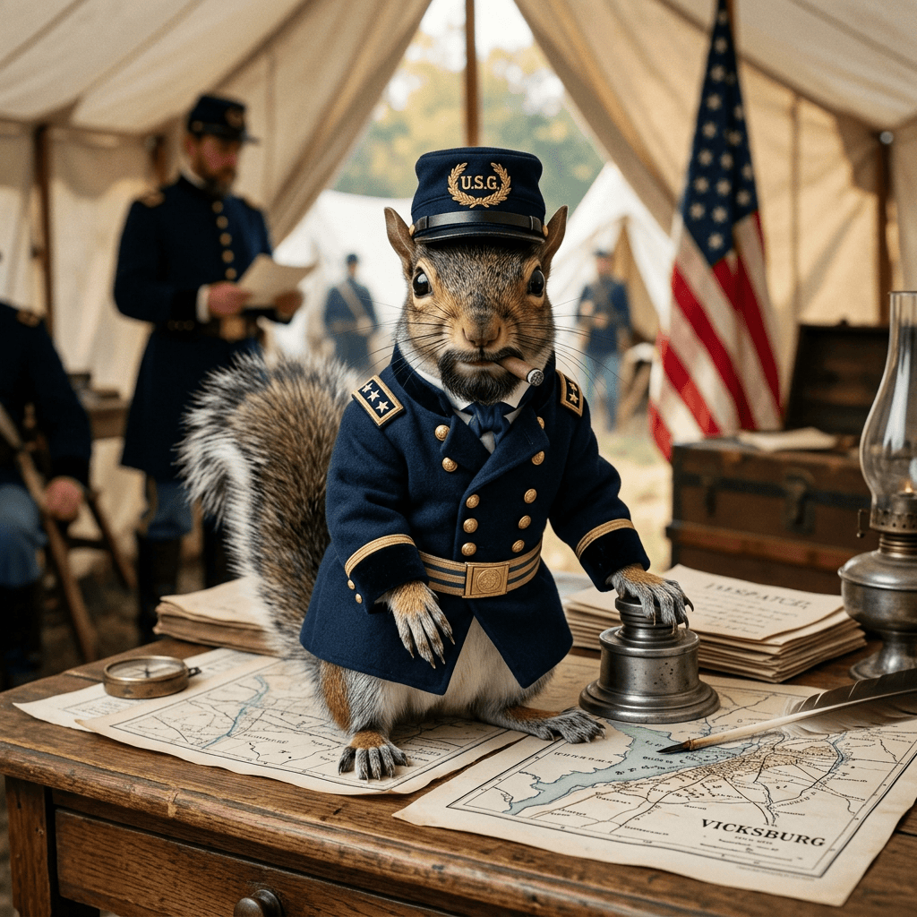 Uniformed squirrel labeled U.S.G. at maps marked Vicksburg, with American flag