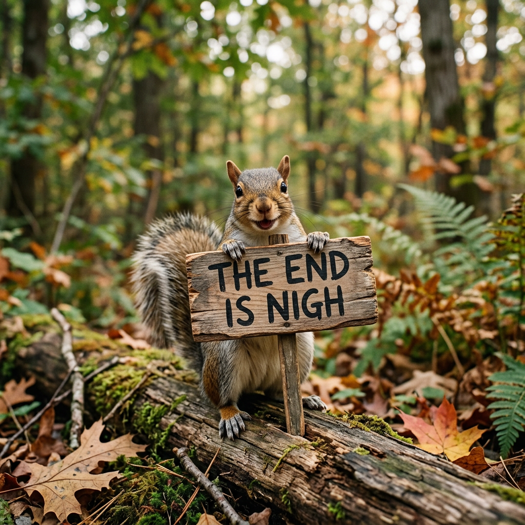 Cheery squirrel holding an ominous sign