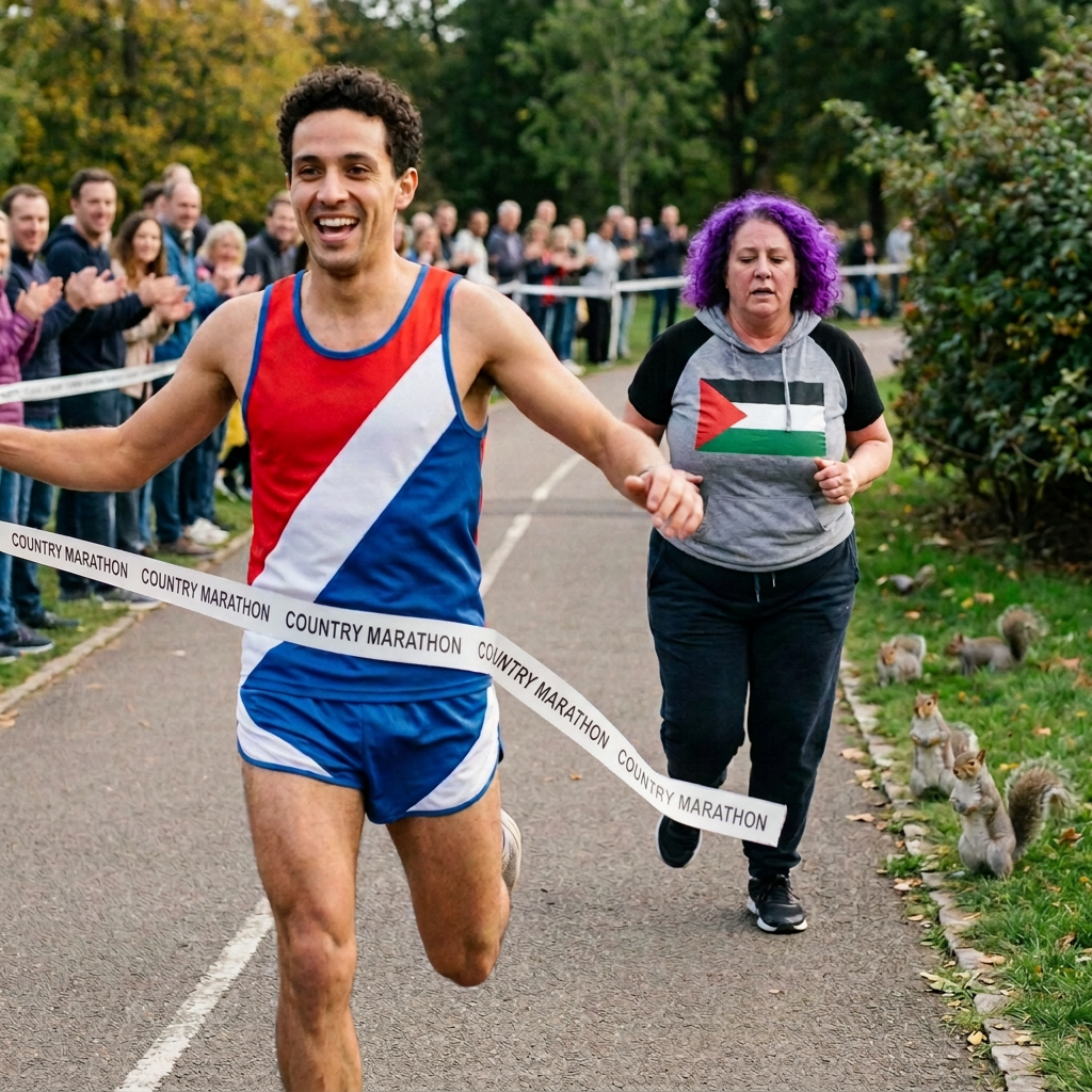 Two runners cross a CITY MARATHON finish line as spectators watch and squirrels gather.