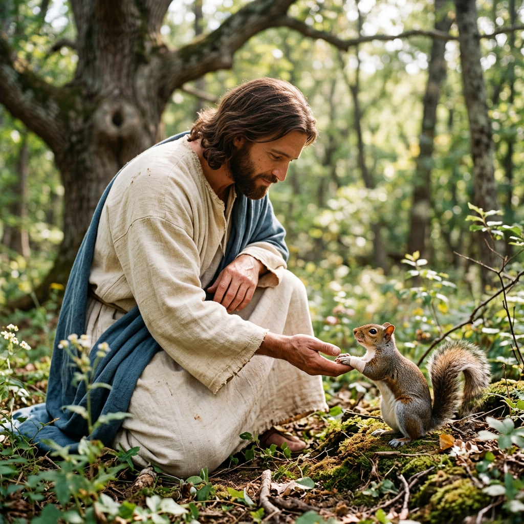Wounded squirrel reaching toward Jesus